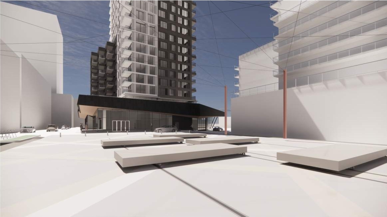 Rendering of building from page 53 of the file '2022-04-27 - Architectural Design Brief - D07-12-22-0071'