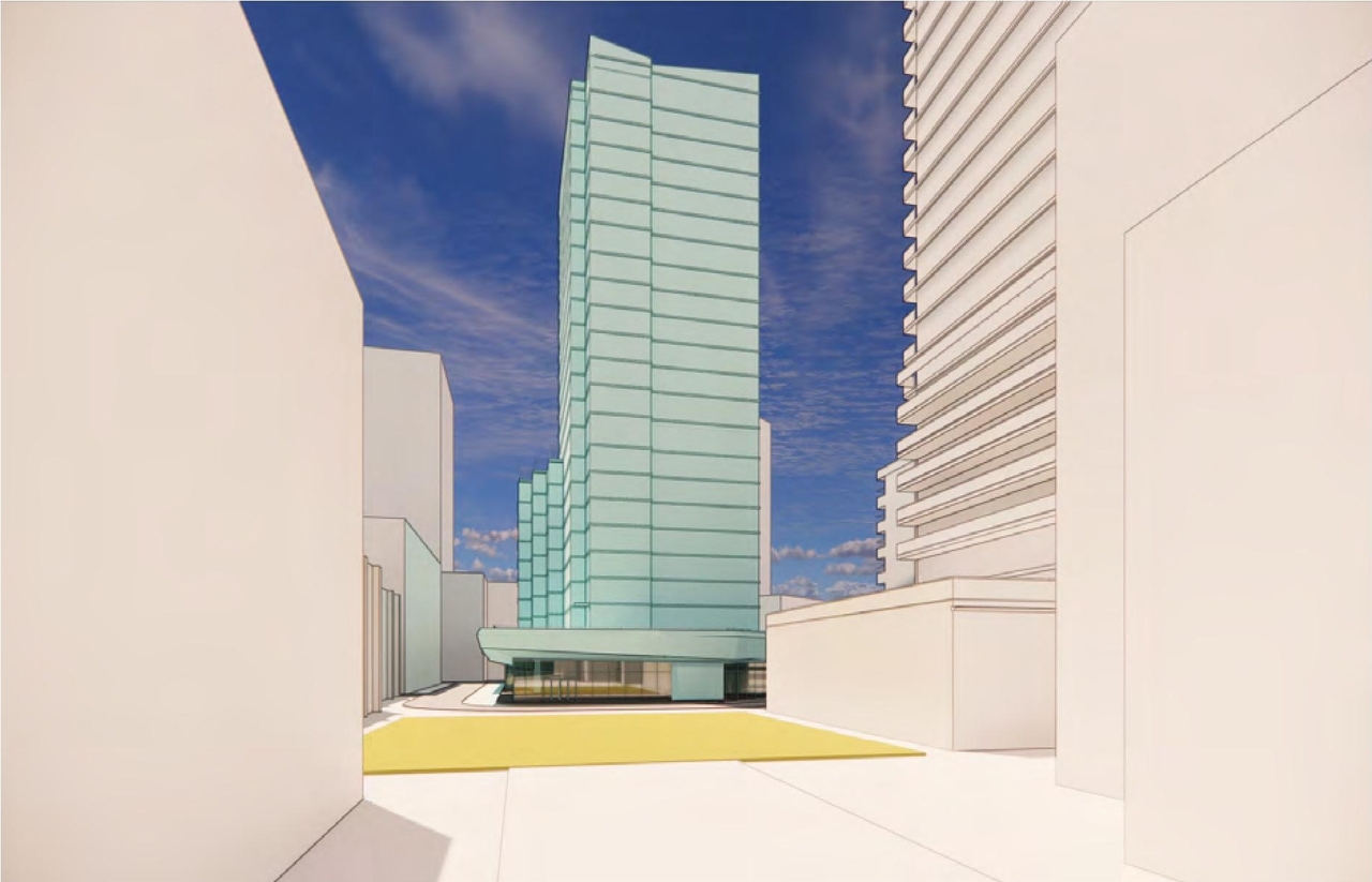 Rendering of building from page 16 of the file '2022-06-03 - Urban Design Review Panel Presentation - D07-12-22-0071'