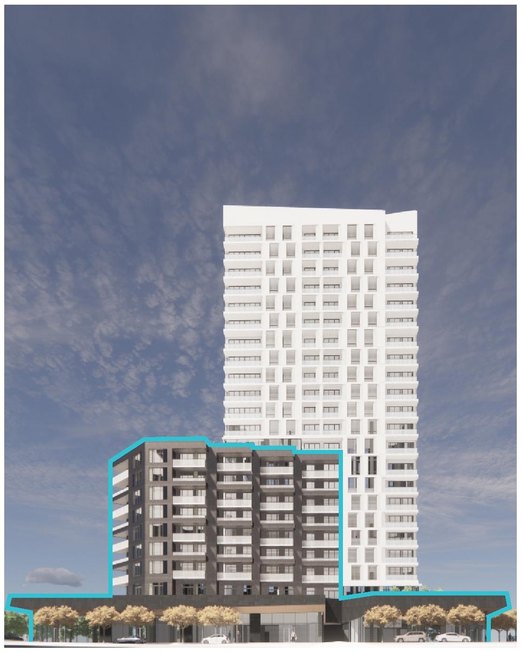 Rendering of building from page 30 of the file '2022-06-03 - Urban Design Review Panel Presentation - D07-12-22-0071'