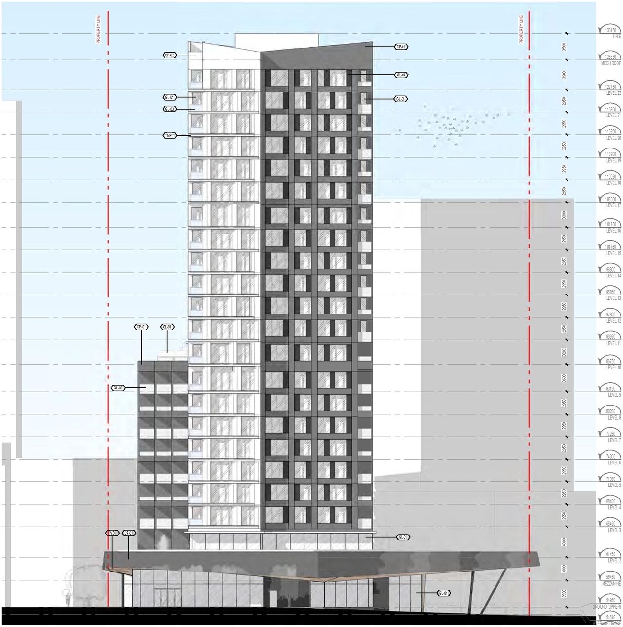 Rendering of building from page 42 of the file '2022-06-03 - Urban Design Review Panel Presentation - D07-12-22-0071'