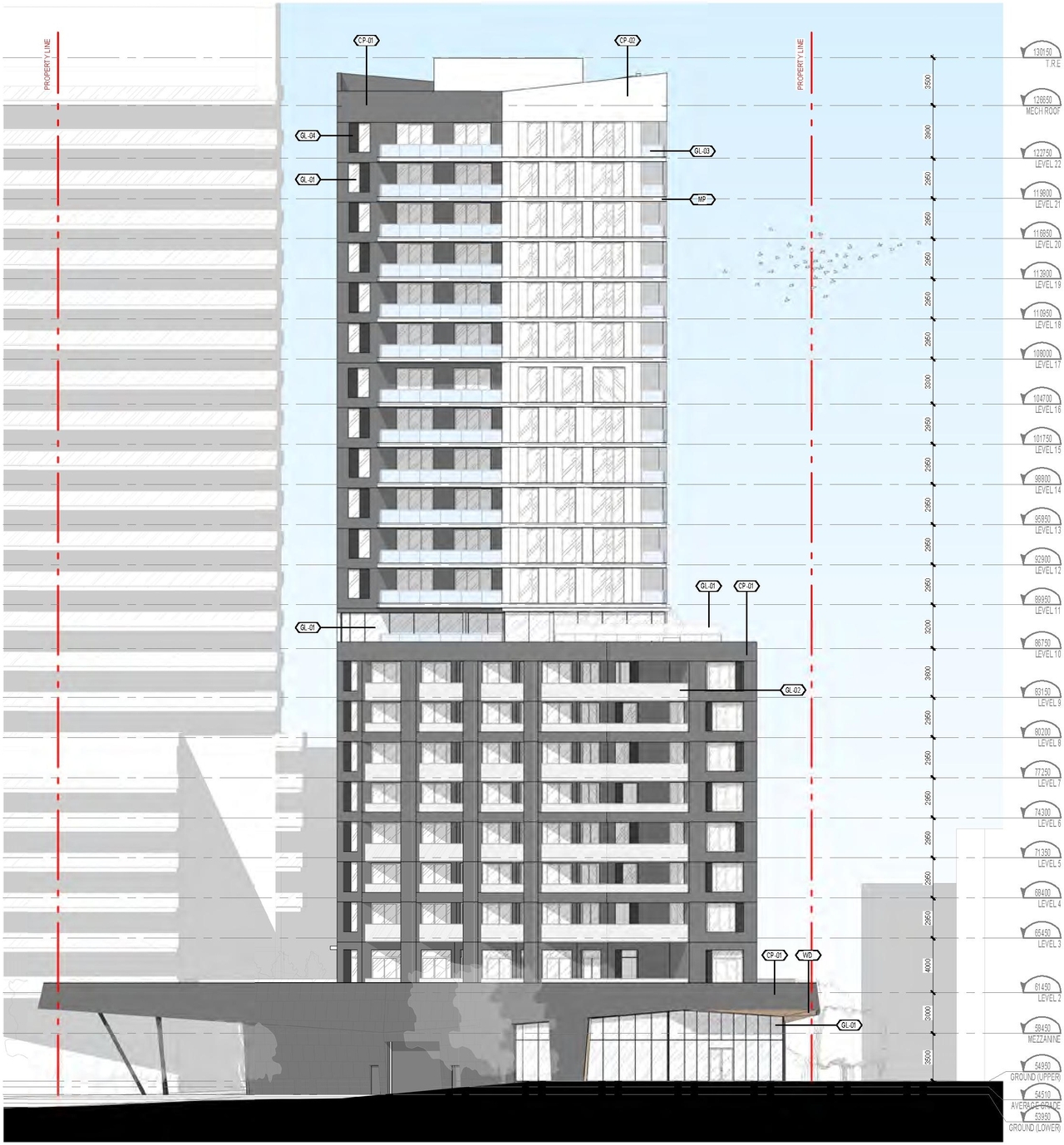 Rendering of building from page 42 of the file '2022-06-03 - Urban Design Review Panel Presentation - D07-12-22-0071'