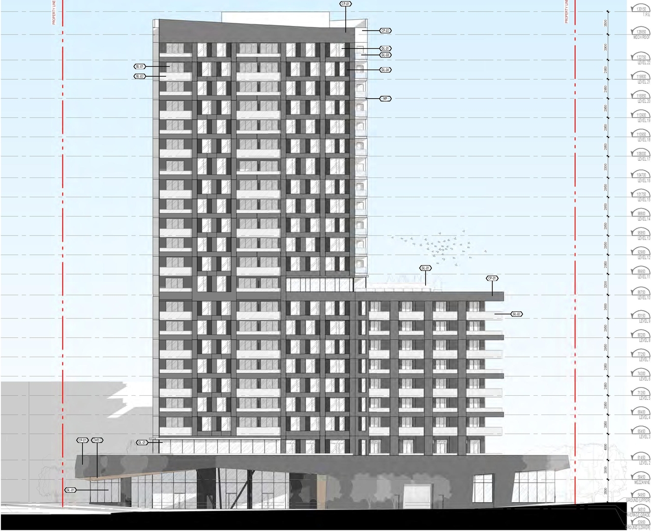 Rendering of building from page 43 of the file '2022-06-03 - Urban Design Review Panel Presentation - D07-12-22-0071'
