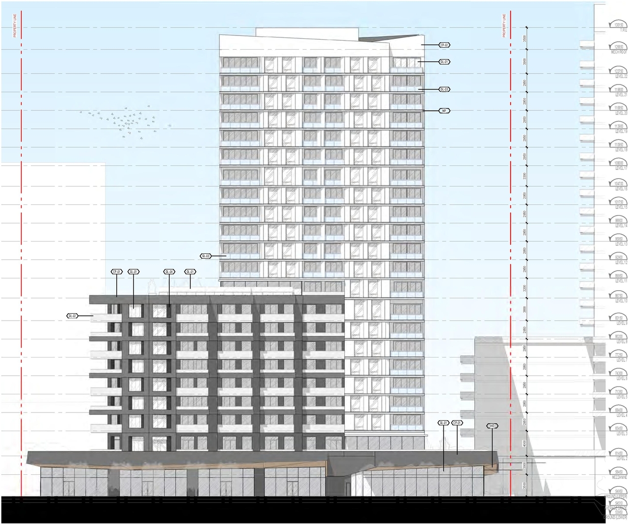 Rendering of building from page 44 of the file '2022-06-03 - Urban Design Review Panel Presentation - D07-12-22-0071'