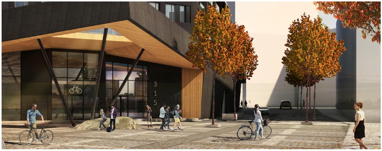 Rendering of building from page 47 of the file '2022-06-03 - Urban Design Review Panel Presentation - D07-12-22-0071'