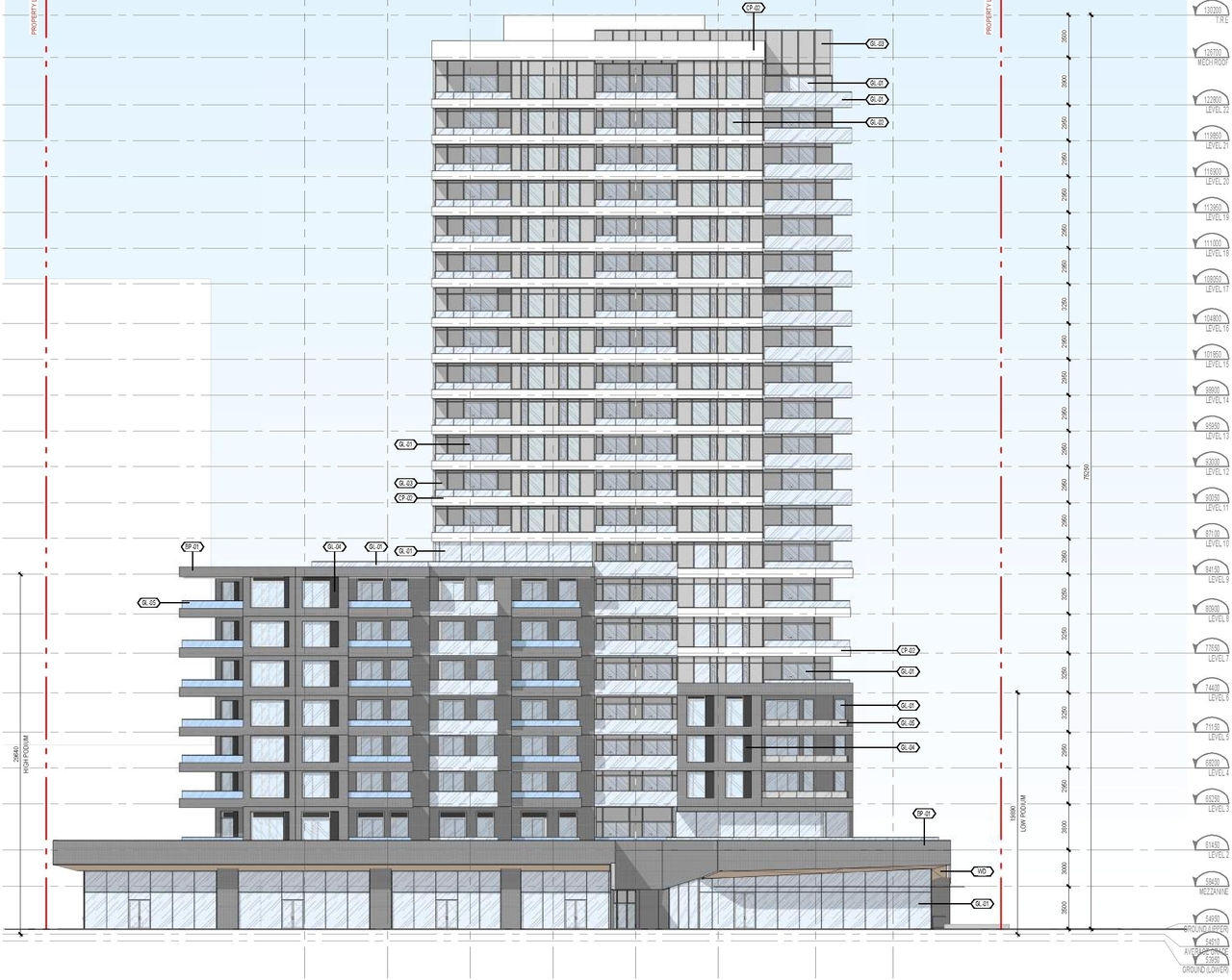Rendering of building from page 45 of the file '2022-10-03 - Design Brief - D07-12-22-0071'