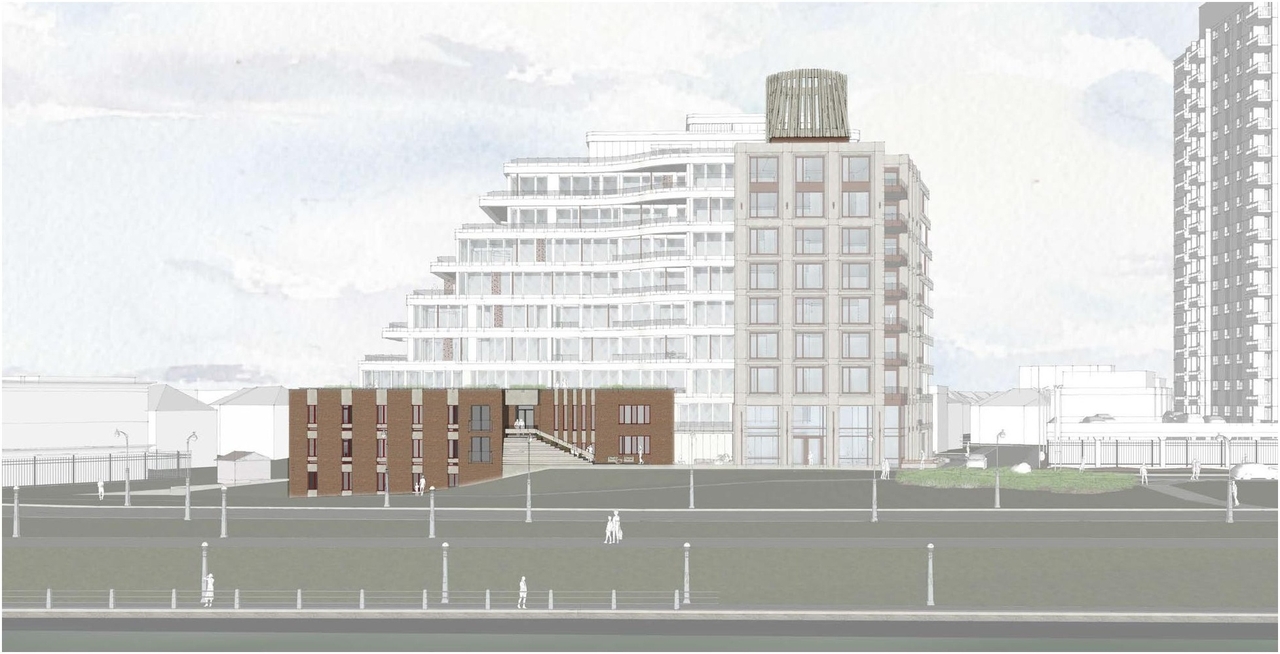 Rendering of building from page 39 of the file '2023-01-20 - Design Brief - D07-12-22-0100'