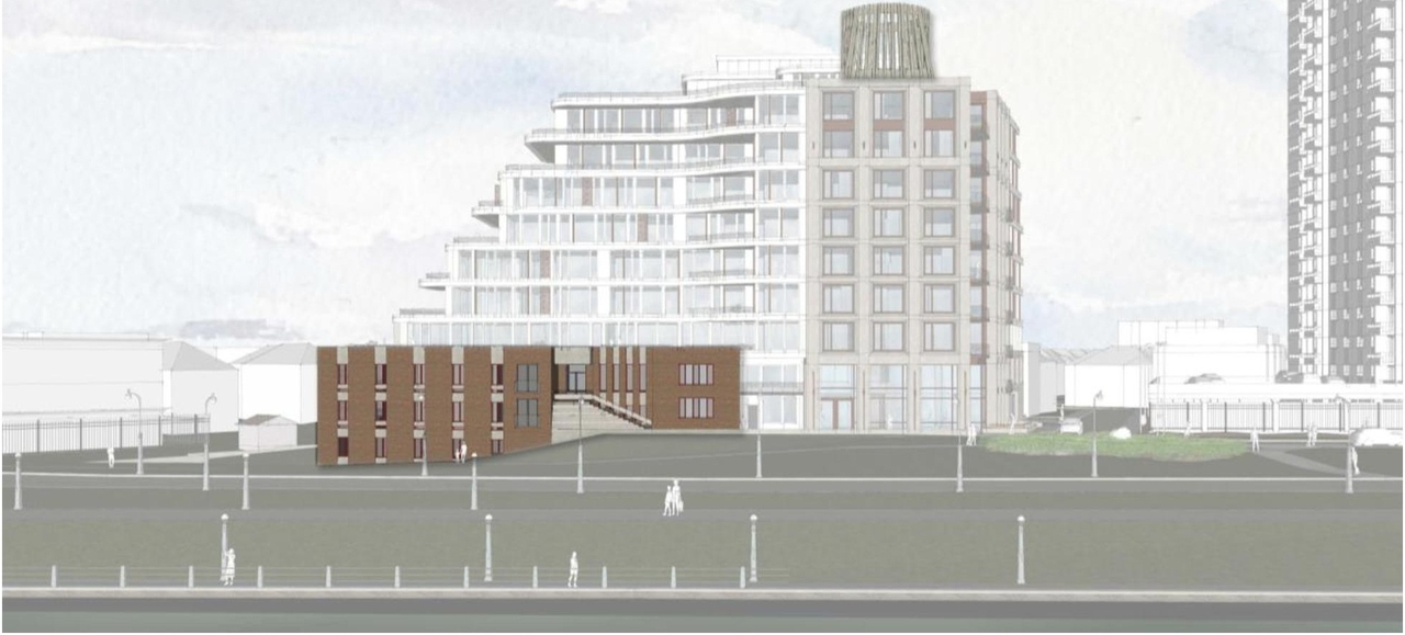 Rendering of building from page 30 of the file '2022-06-16 - Design Brief - D07-12-22-0100'
