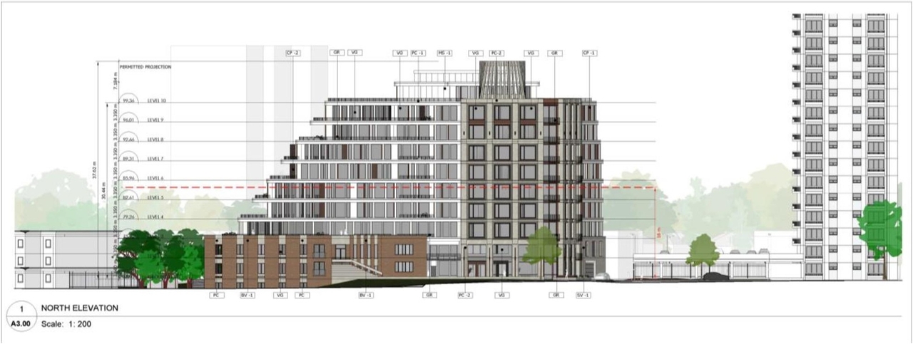 Rendering of building from page 32 of the file '2022-06-16 - Design Brief - D07-12-22-0100'