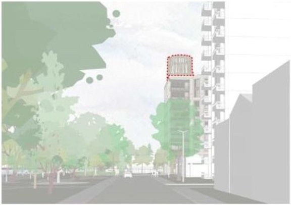 Rendering of building from page 39 of the file '2022-06-16 - Design Brief - D07-12-22-0100'
