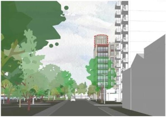 Rendering of building from page 39 of the file '2022-06-16 - Design Brief - D07-12-22-0100'