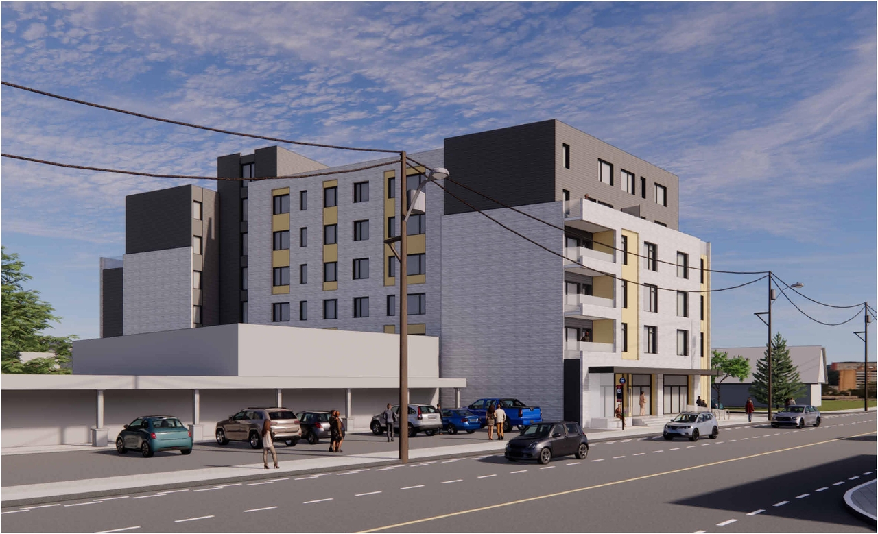 Rendering of building from page 3 of the file '2023-11-14 - Perspective Views - D07-12-22-0102'