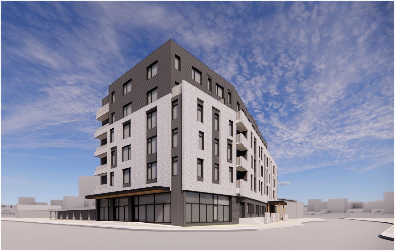 Rendering of building from page 6 of the file '2022-06-23 - Design Brief - D07-12-22-0102'