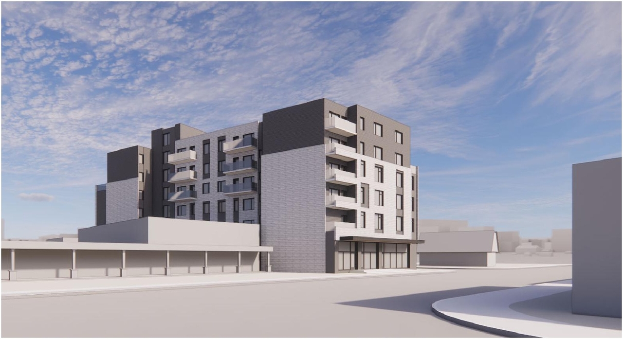 Rendering of building from page 6 of the file '2022-06-23 - Design Brief - D07-12-22-0102'