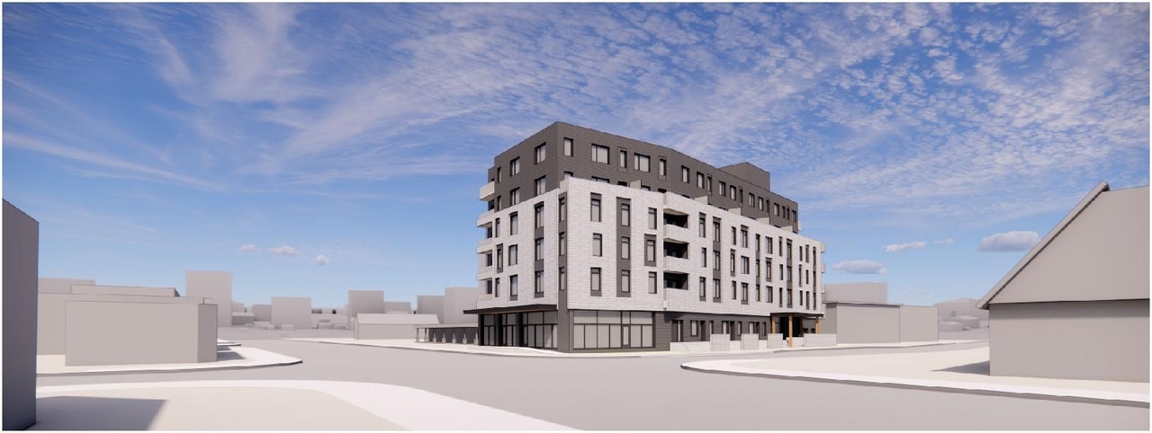 Rendering of building from page 7 of the file '2022-06-23 - Design Brief - D07-12-22-0102'