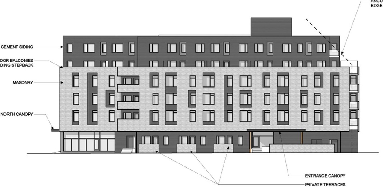 Rendering of building from page 7 of the file '2022-06-23 - Design Brief - D07-12-22-0102'