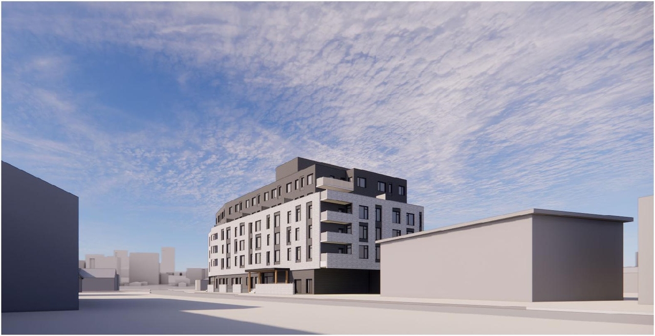 Rendering of building from page 7 of the file '2022-06-23 - Design Brief - D07-12-22-0102'
