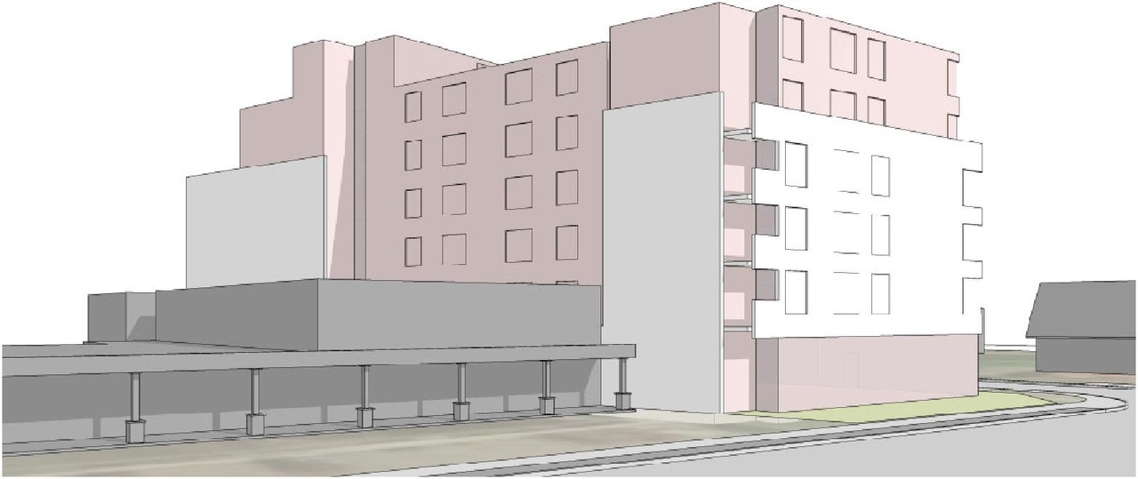 Rendering of building from page 9 of the file '2022-06-23 - Design Brief - D07-12-22-0102'