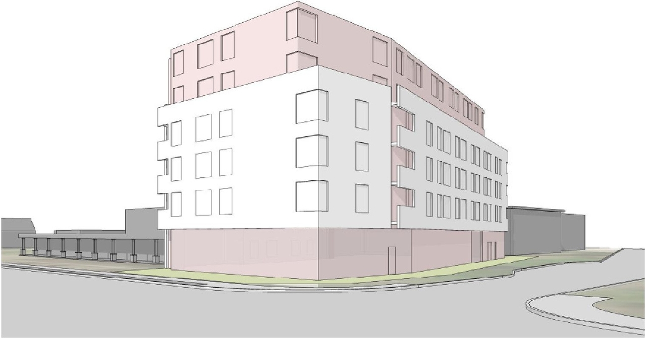 Rendering of building from page 9 of the file '2022-06-23 - Design Brief - D07-12-22-0102'