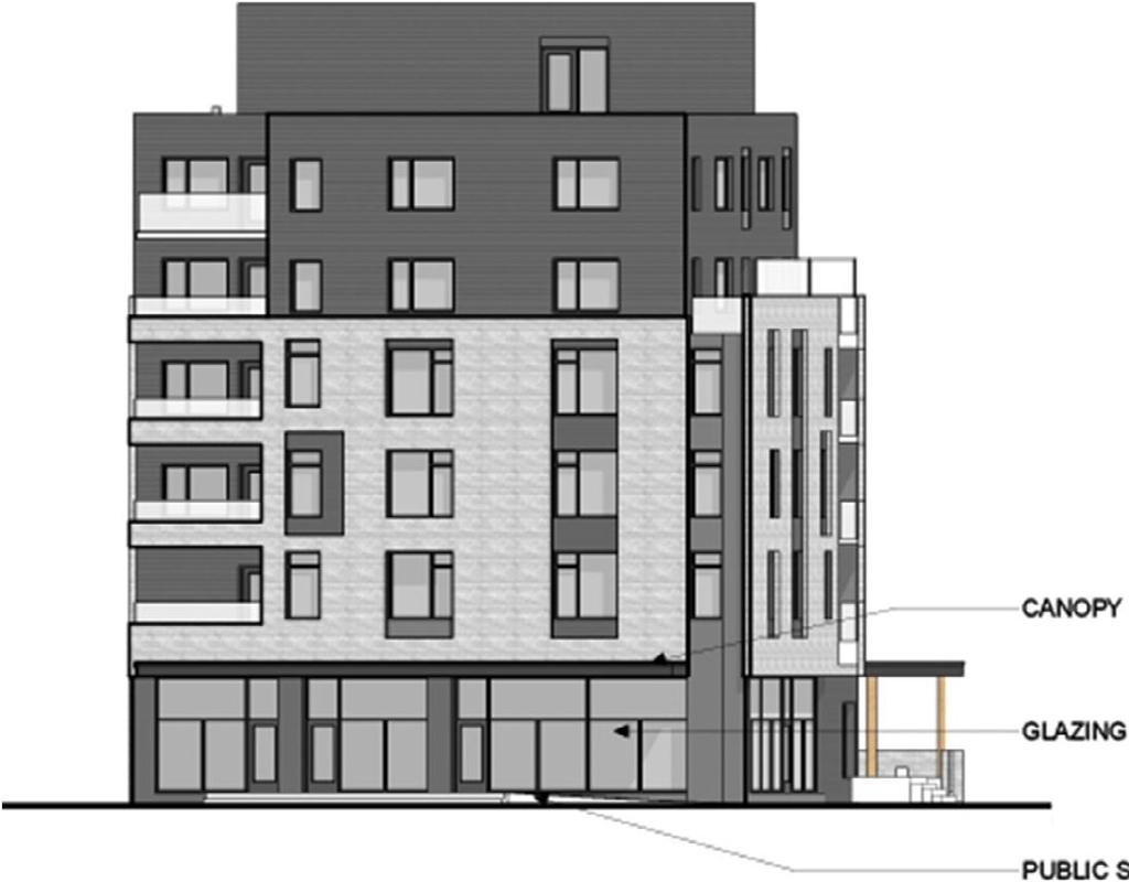 Rendering of building from page 10 of the file '2022-06-23 - Design Brief - D07-12-22-0102'