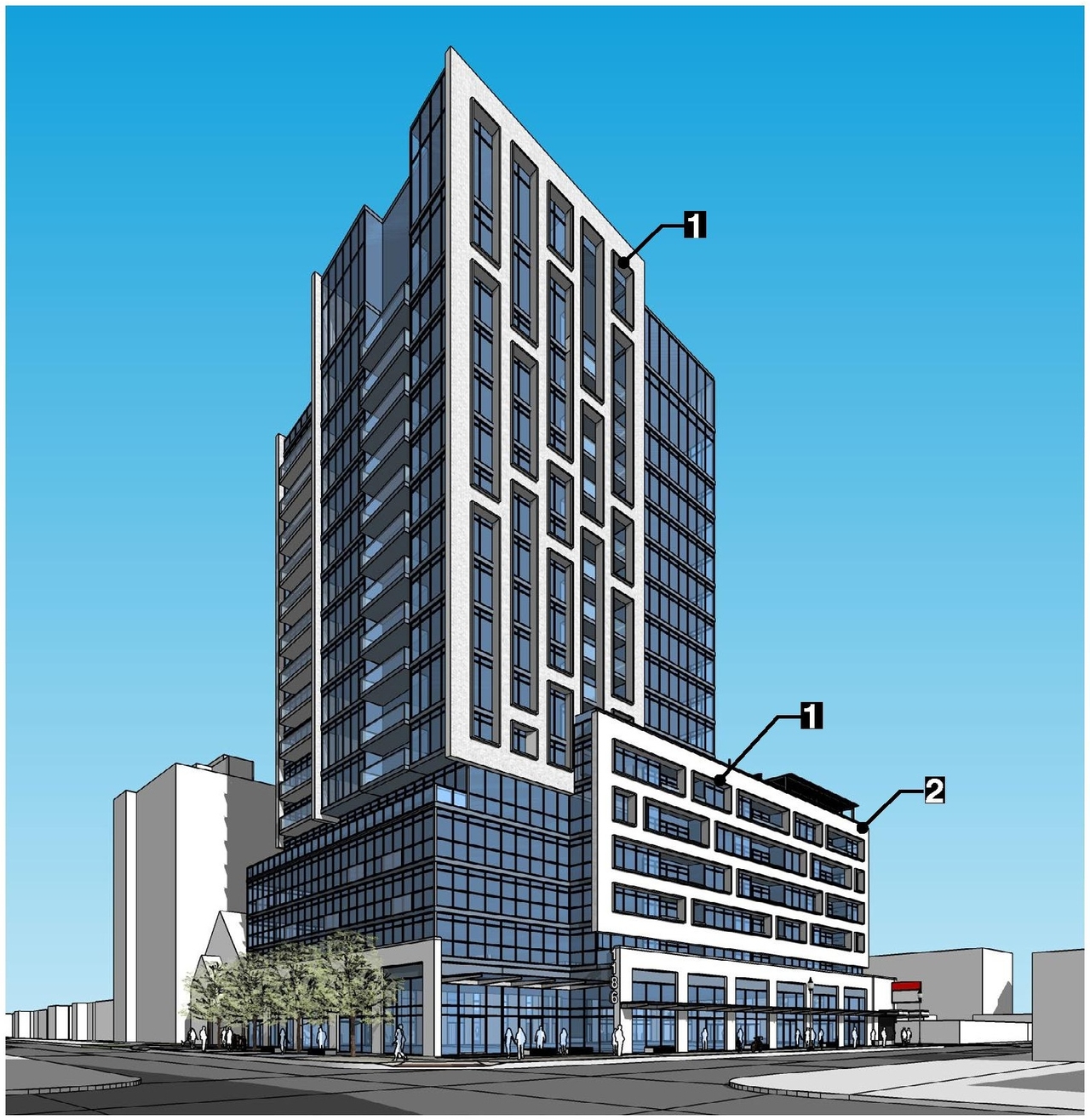 Rendering of building from page 8 of the file '2022-12-14 - Design Brief - D07-12-22-0105'