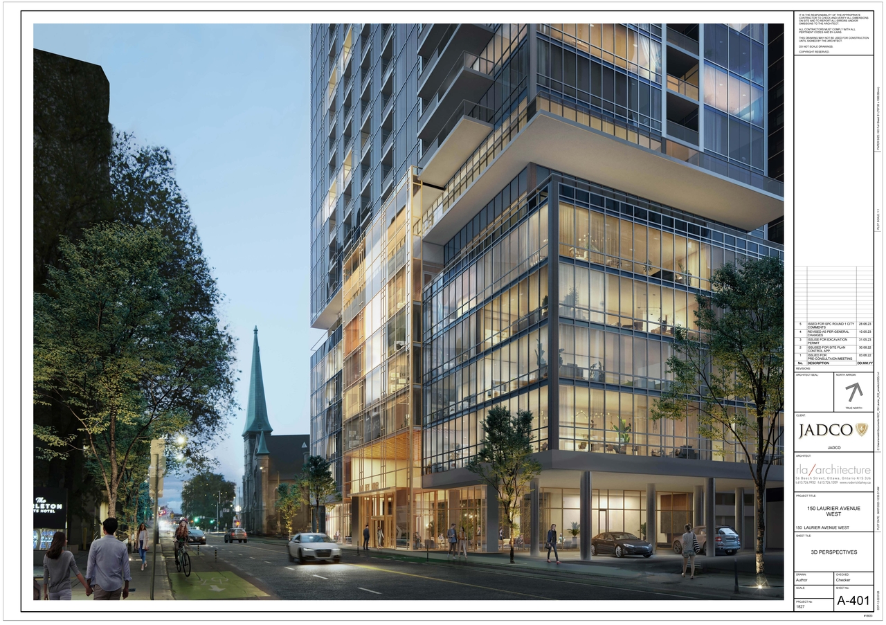Rendering of building from page 10 of the file '2023-07-13 - Elevation, Floor, Sunshade, Perspectives Plans - D07-12-22-0128'