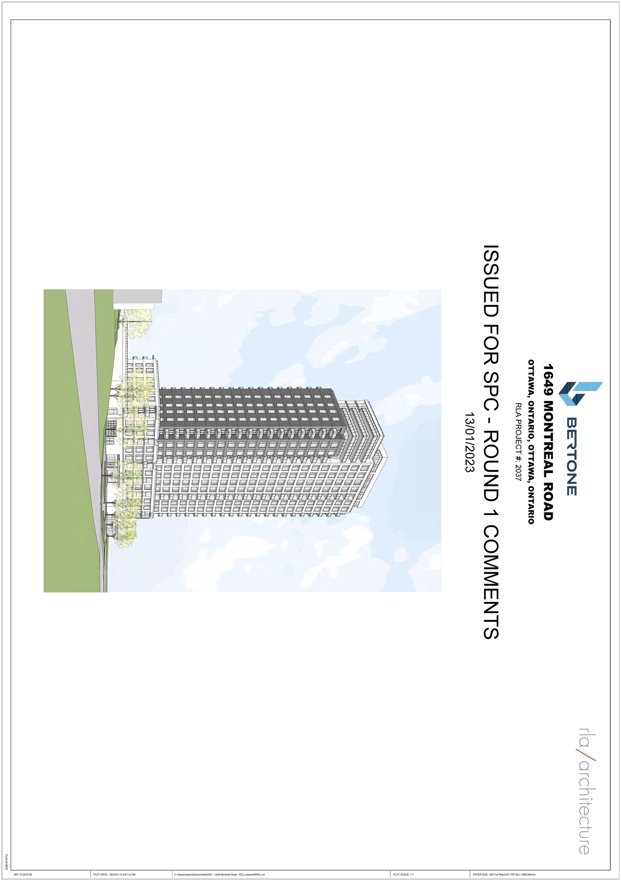 Rendering of building from page 1 of the file '2023-04-14 - Floor, Sun, Elevation, Views Plans - D07-12-22-0132'