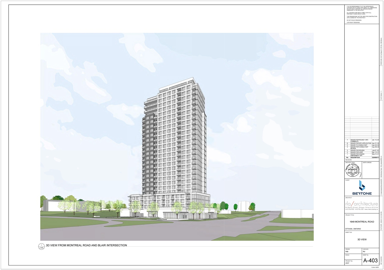 Rendering of building from page 14 of the file '2023-04-14 - Floor, Sun, Elevation, Views Plans - D07-12-22-0132'