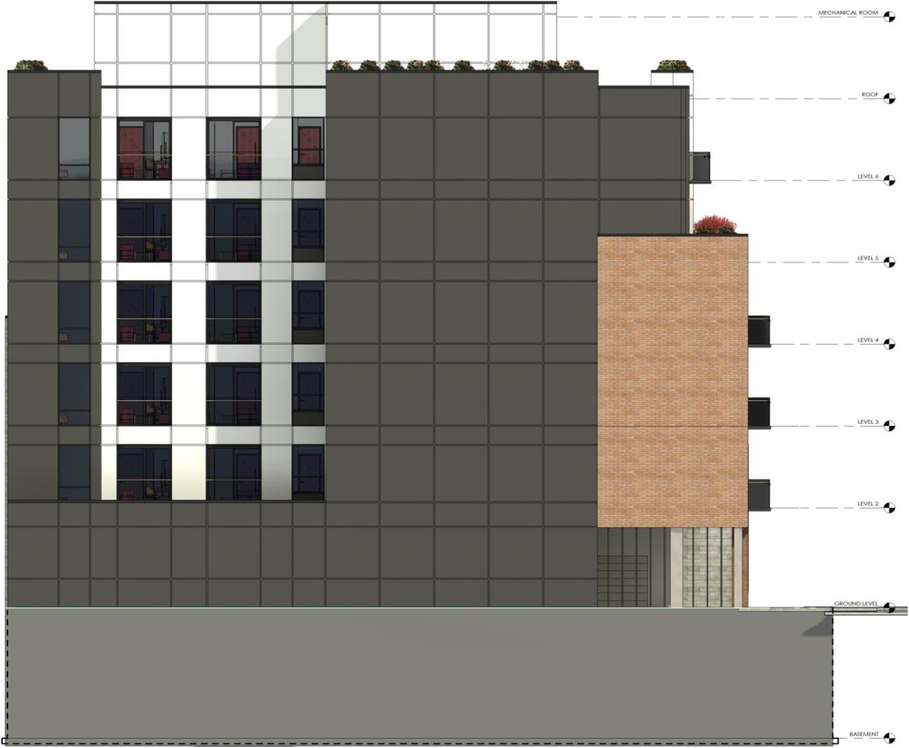 Rendering of building from page 28 of the file '2024-12-23 - Design Brief - D07-12-22-0165'