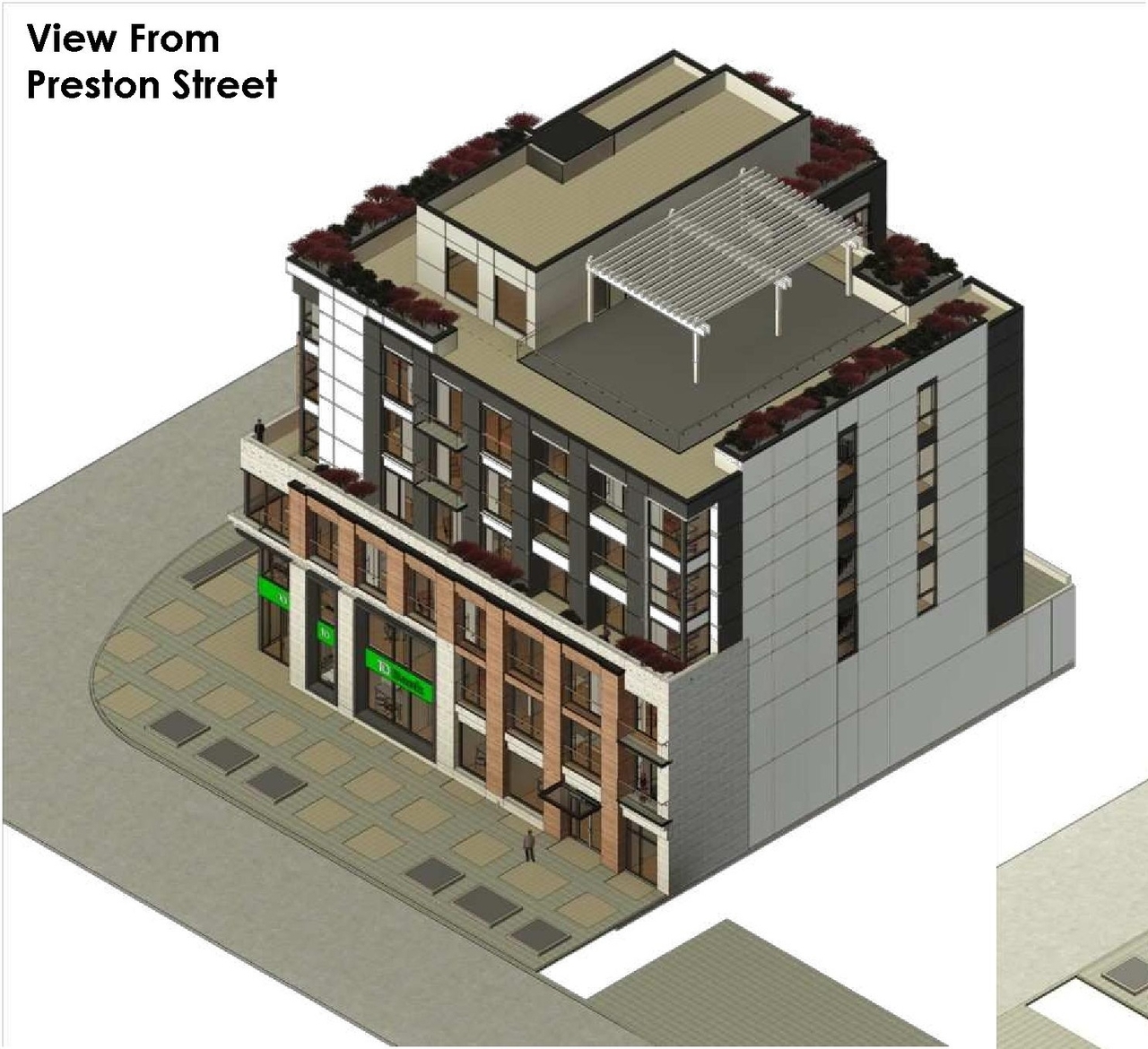 Rendering of building from page 35 of the file '2022-12-02 - Design Brief - D07-12-22-0165'