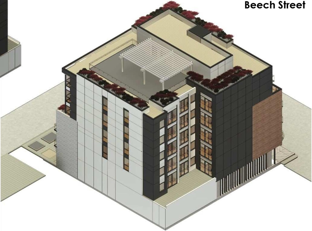 Rendering of building from page 35 of the file '2022-12-02 - Design Brief - D07-12-22-0165'