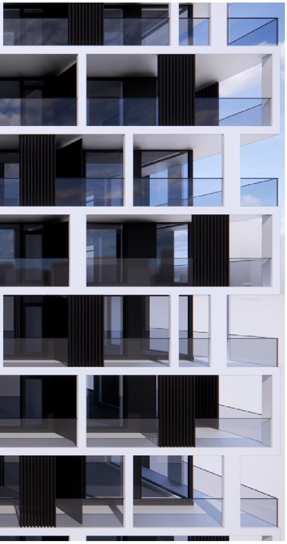 Rendering of building from page 8 of the file '2025-04-11 - Urban Design Brief - D07-12-22-0185'