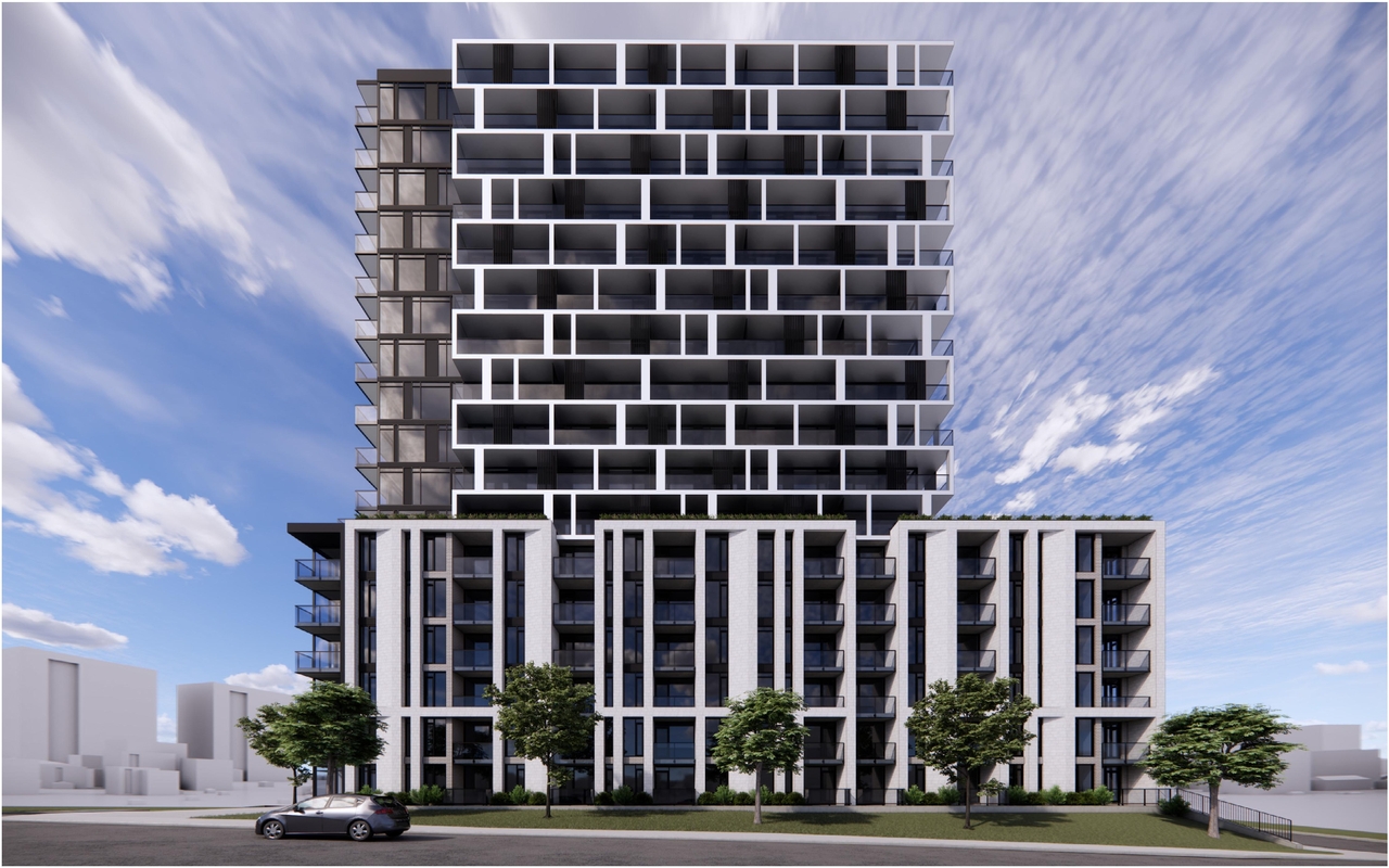 Rendering of building from page 12 of the file '2025-04-11 - Urban Design Brief - D07-12-22-0185'