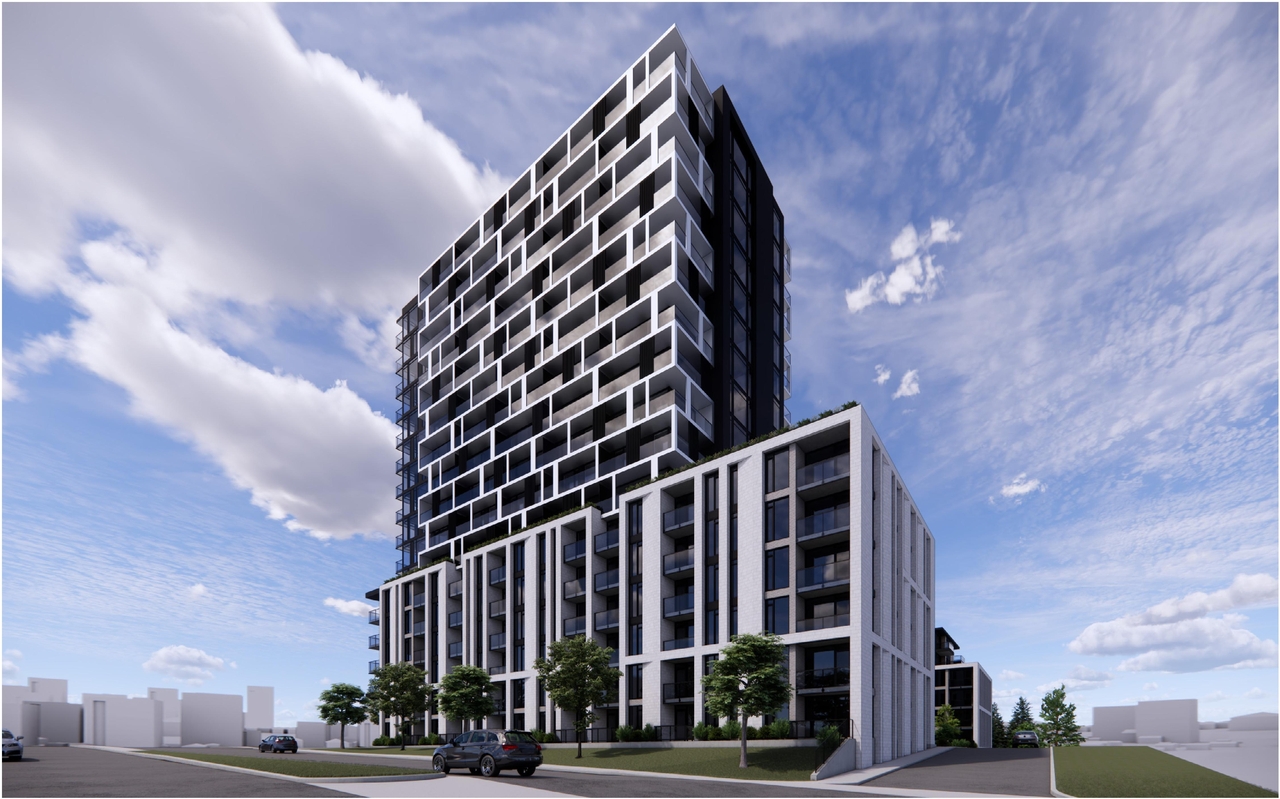 Rendering of building from page 13 of the file '2025-04-11 - Urban Design Brief - D07-12-22-0185'
