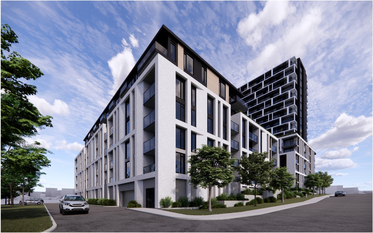 Rendering of building from page 14 of the file '2025-04-11 - Urban Design Brief - D07-12-22-0185'