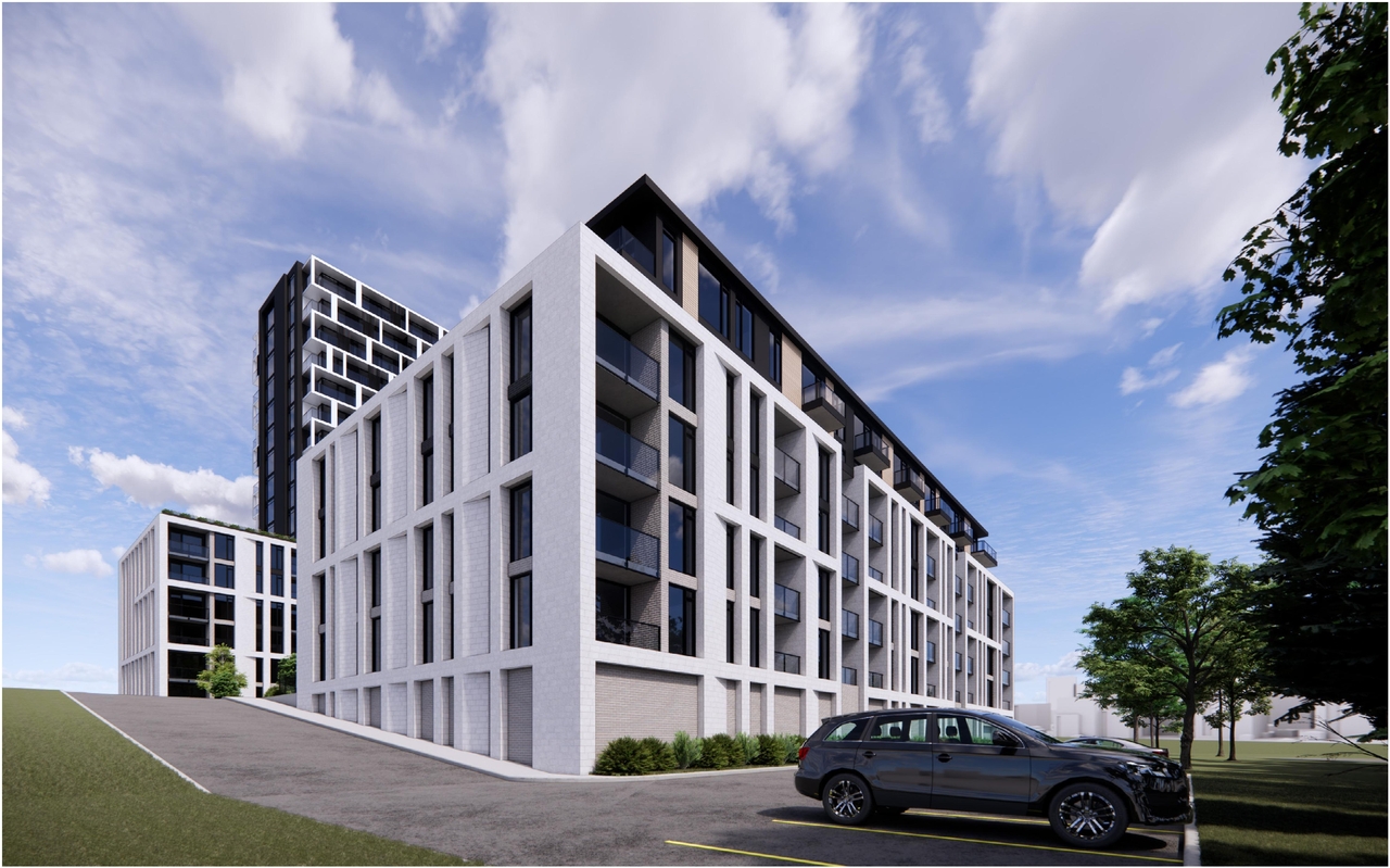 Rendering of building from page 16 of the file '2025-04-11 - Urban Design Brief - D07-12-22-0185'