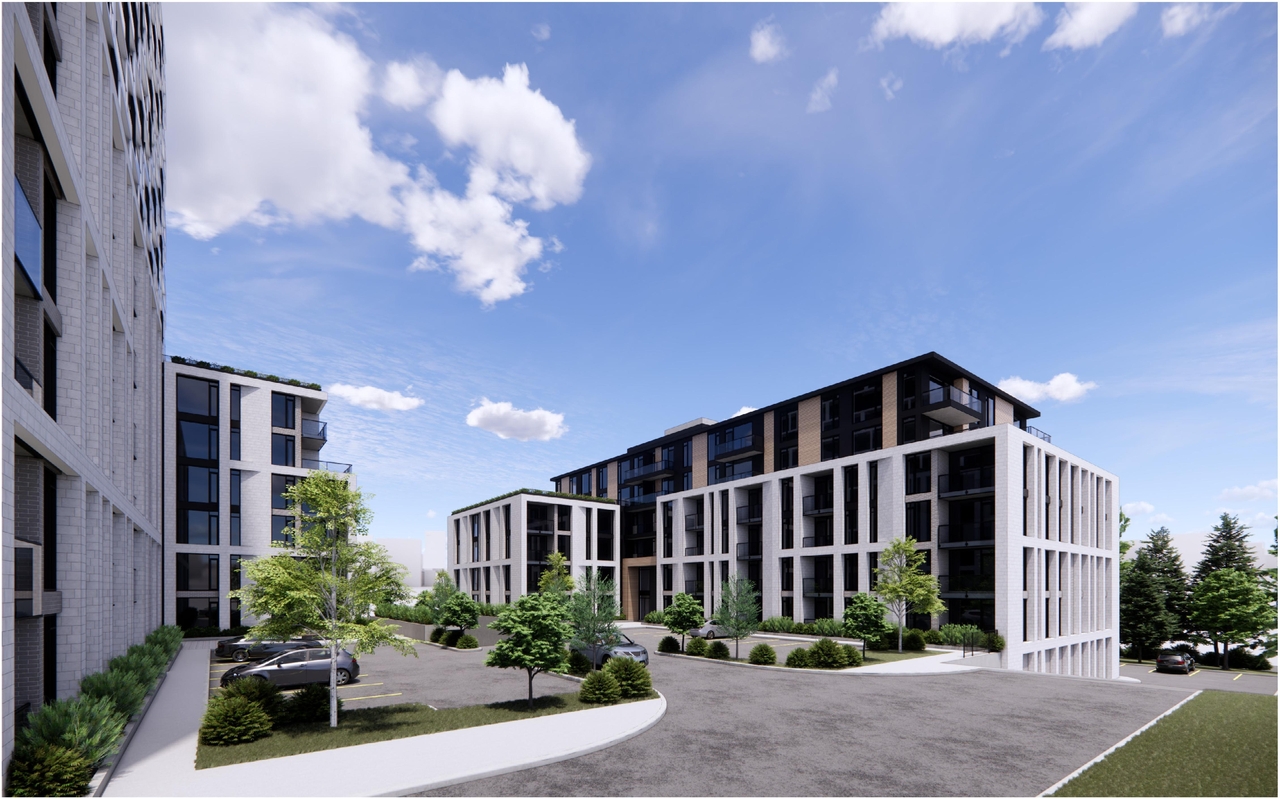Rendering of building from page 17 of the file '2025-04-11 - Urban Design Brief - D07-12-22-0185'