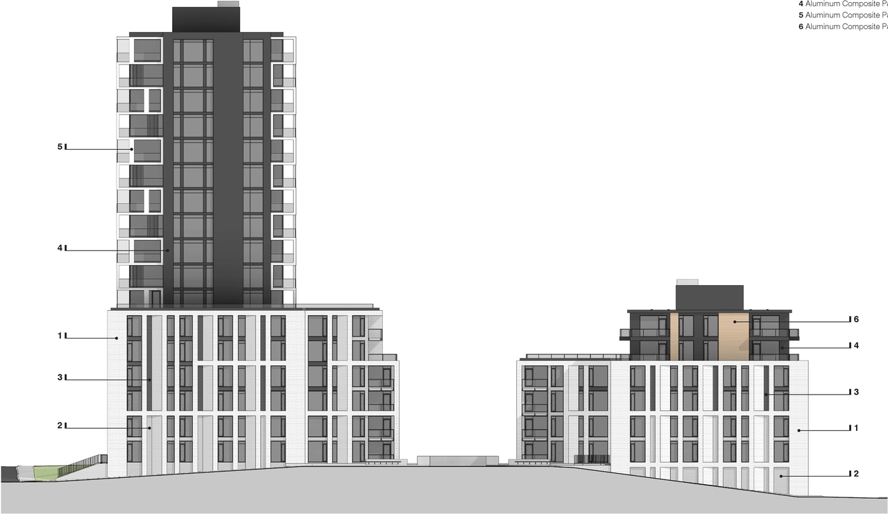 Rendering of building from page 32 of the file '2025-04-11 - Urban Design Brief - D07-12-22-0185'
