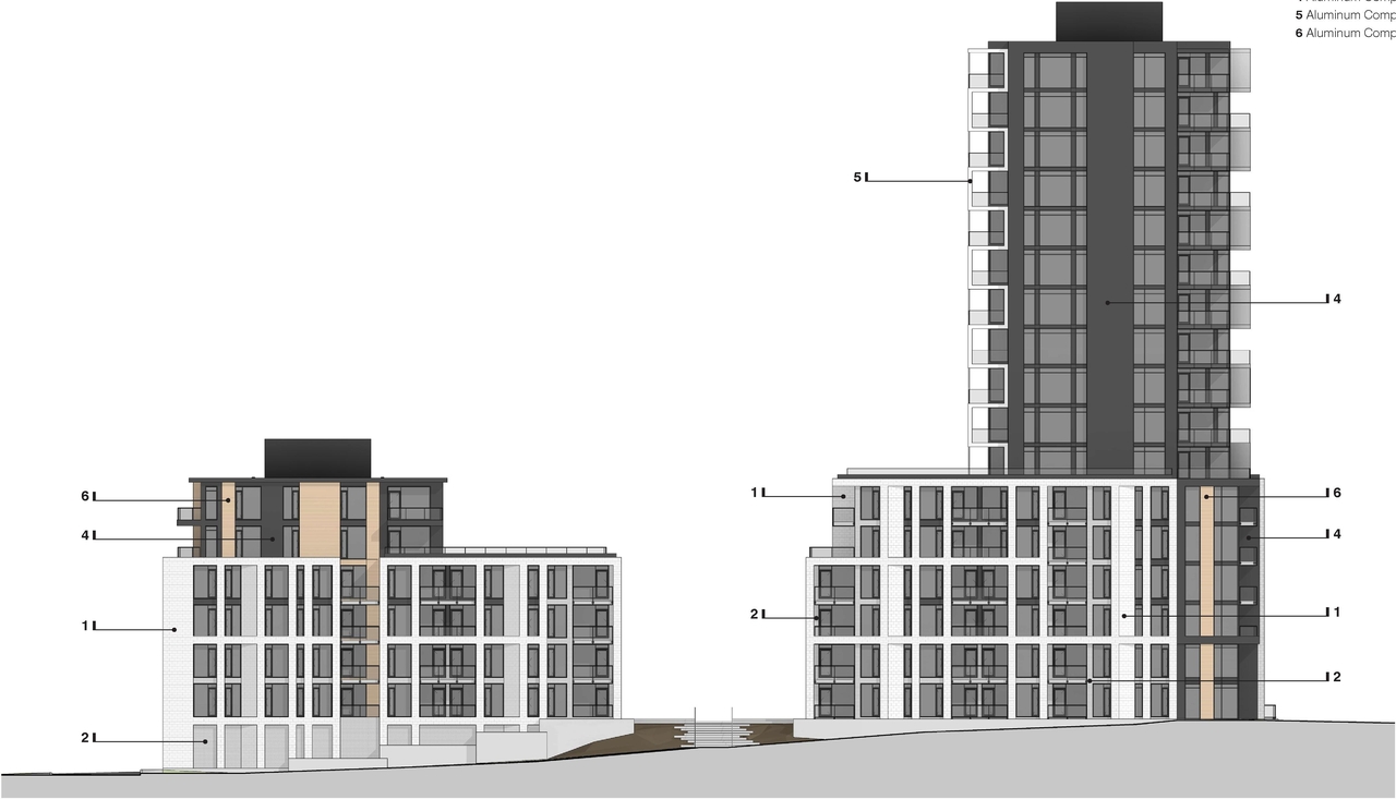 Rendering of building from page 33 of the file '2025-04-11 - Urban Design Brief - D07-12-22-0185'
