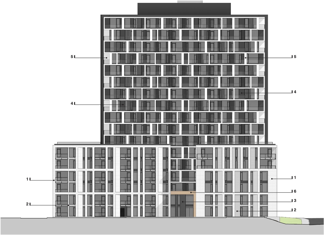 Rendering of building from page 34 of the file '2025-04-11 - Urban Design Brief - D07-12-22-0185'
