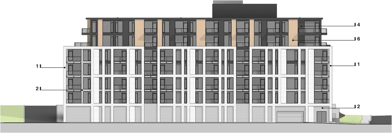Rendering of building from page 35 of the file '2025-04-11 - Urban Design Brief - D07-12-22-0185'