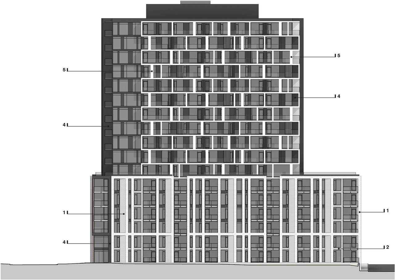 Rendering of building from page 36 of the file '2025-04-11 - Urban Design Brief - D07-12-22-0185'