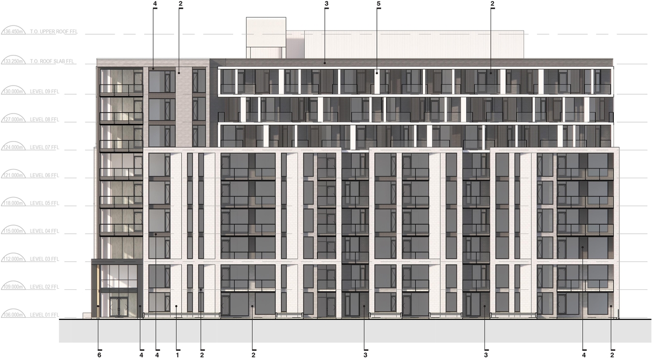 Rendering of building from page 13 of the file '2022-12-23 - Design Brief - D07-12-22-0185'
