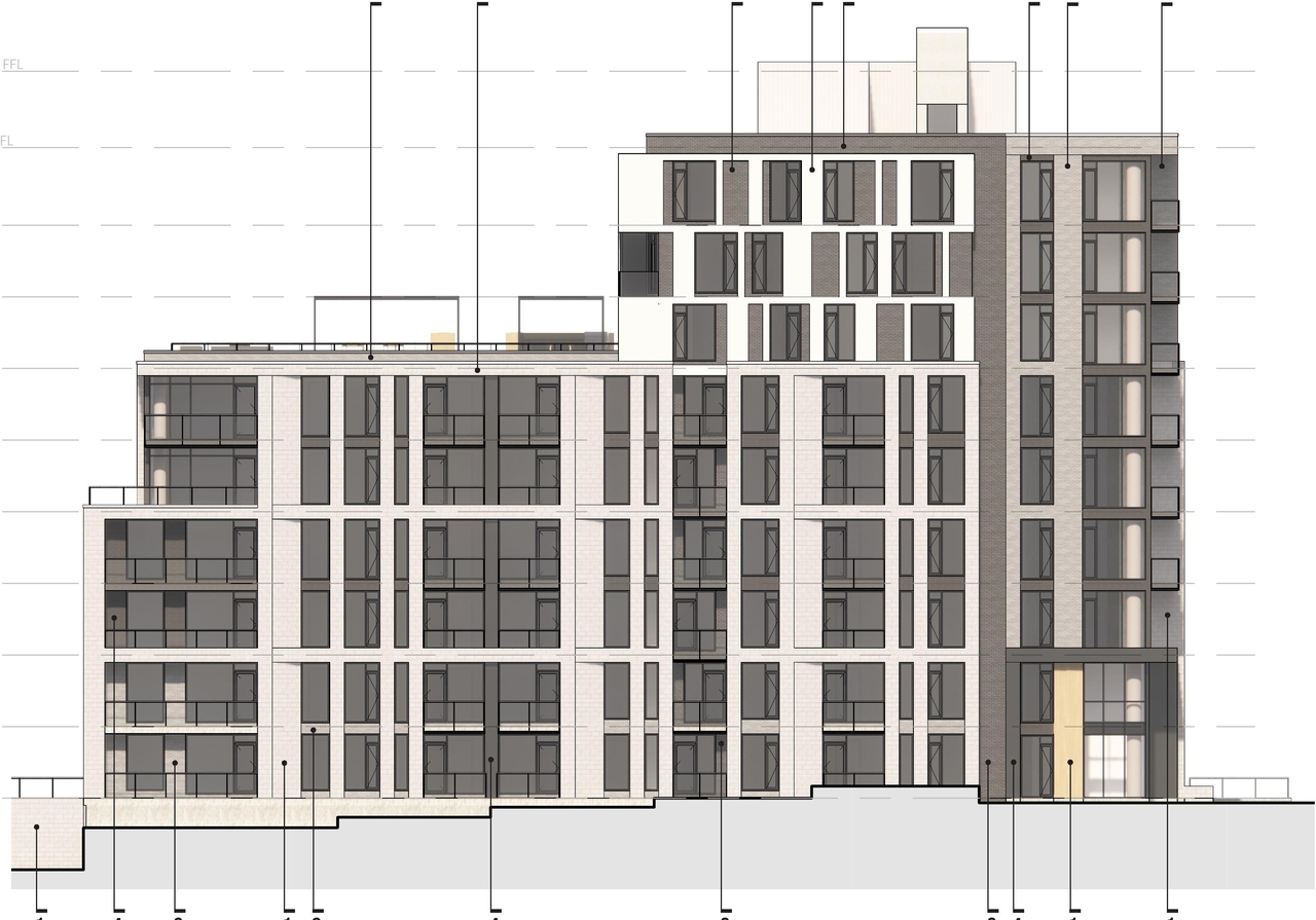 Rendering of building from page 14 of the file '2022-12-23 - Design Brief - D07-12-22-0185'