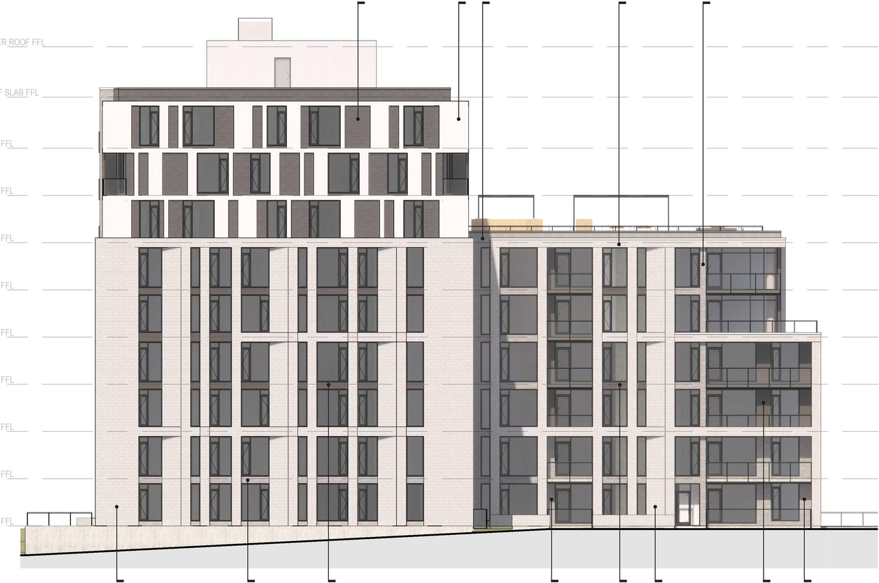 Rendering of building from page 16 of the file '2022-12-23 - Design Brief - D07-12-22-0185'