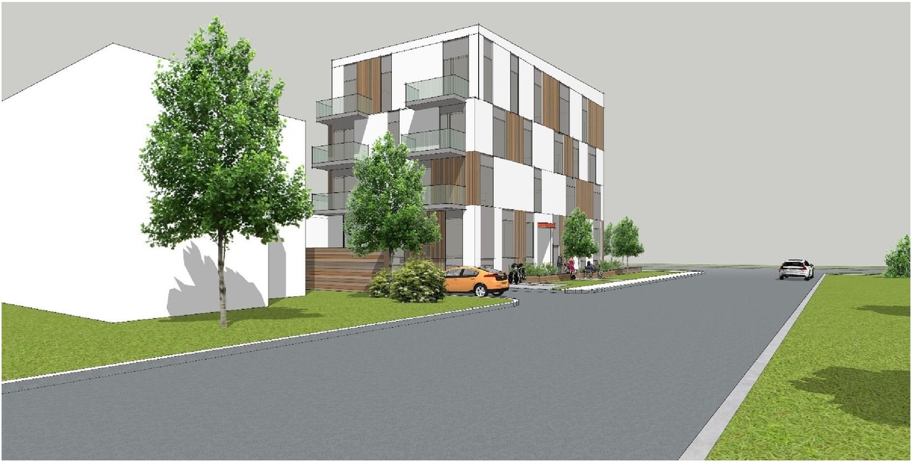 Rendering of building from page 6 of the file '2023-01-30 - Design Brief - D07-12-23-0006'