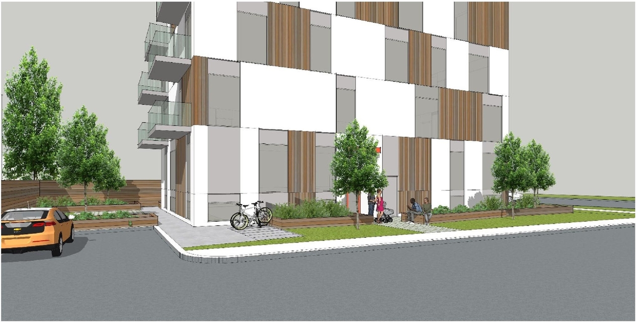 Rendering of building from page 6 of the file '2023-01-30 - Design Brief - D07-12-23-0006'