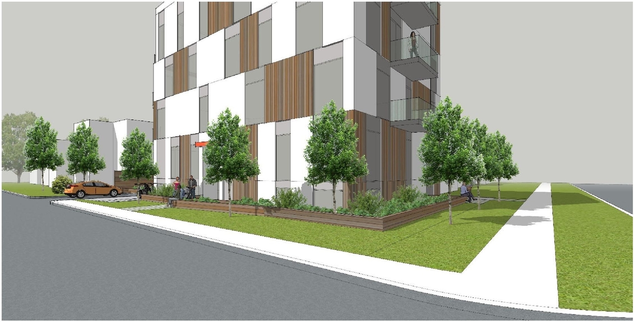 Rendering of building from page 7 of the file '2023-01-30 - Design Brief - D07-12-23-0006'