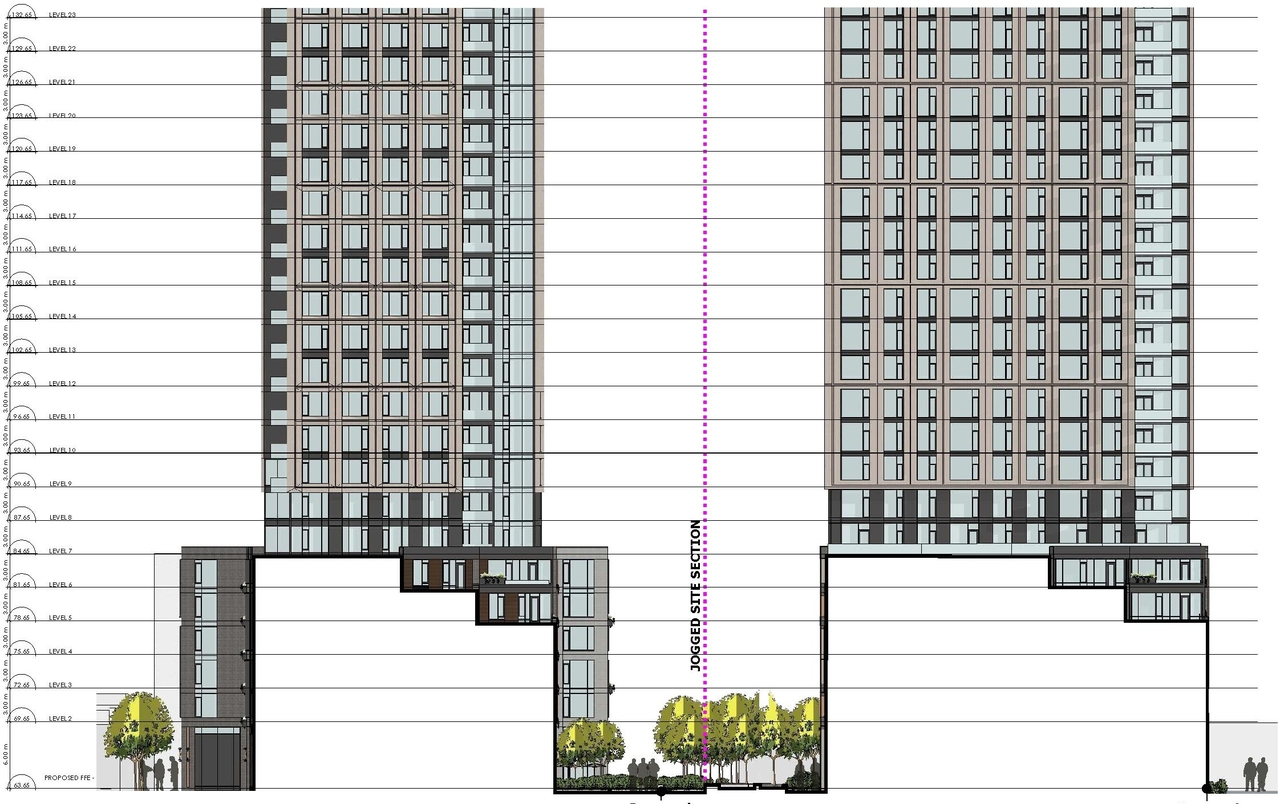 Rendering of building from page 18 of the file '2024-07-22 - Design Brief - D07-12-23-0019'