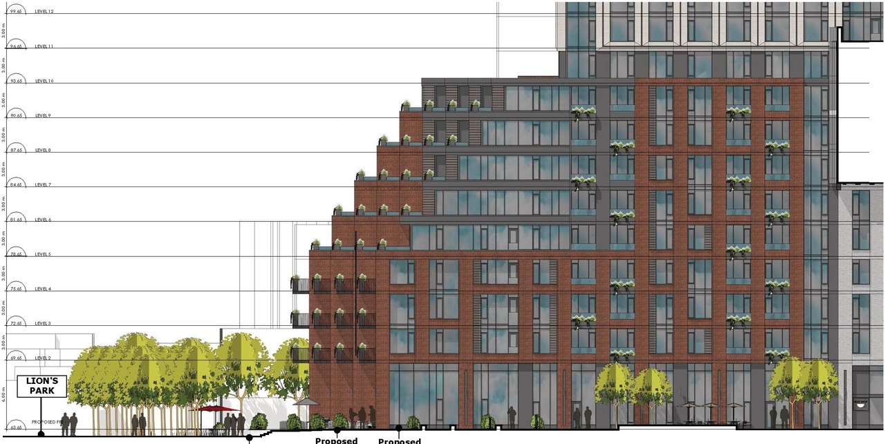 Rendering of building from page 14 of the file '2023-03-31 - Design Brief - D07-12-23-0019'