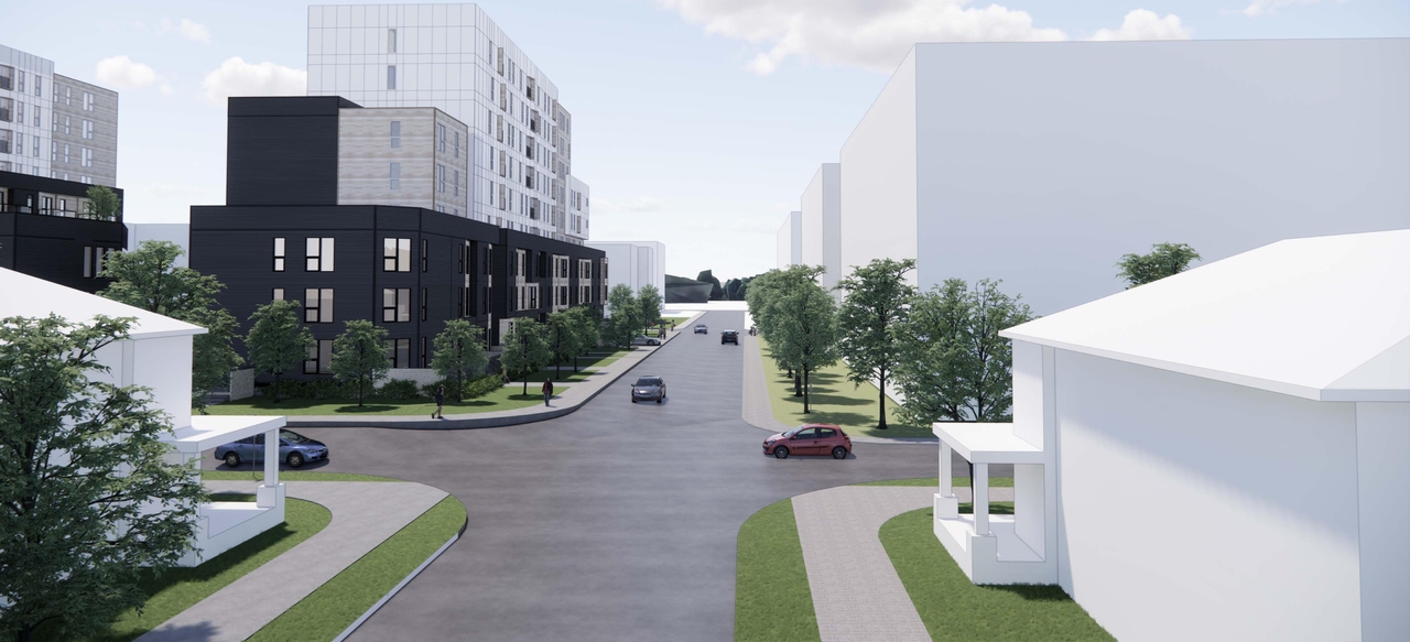 Rendering of building from page 6 of the file '2024-02-16 - Perspective Around the Area - D07-12-23-0023'